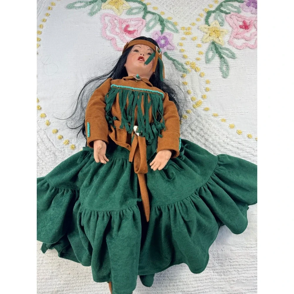 Native American Style Doll Collectible Porcelain‎ Doll in Green Dress